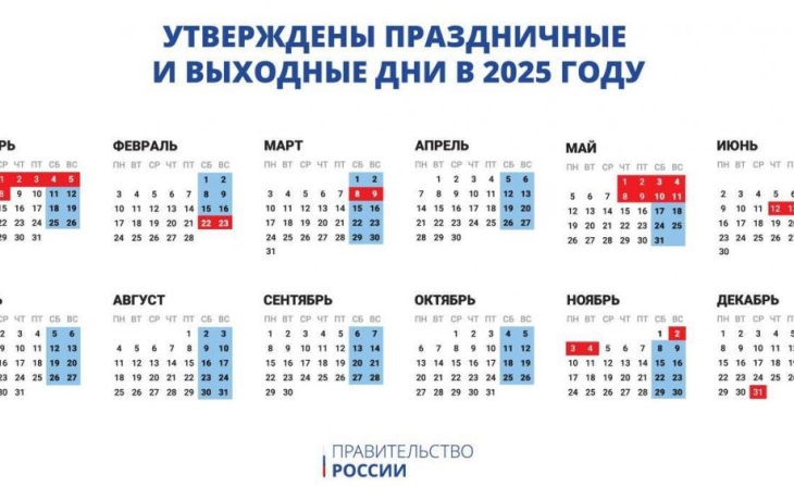 Утвержден календарь рабочих и праздничных дней в России на 2025 год